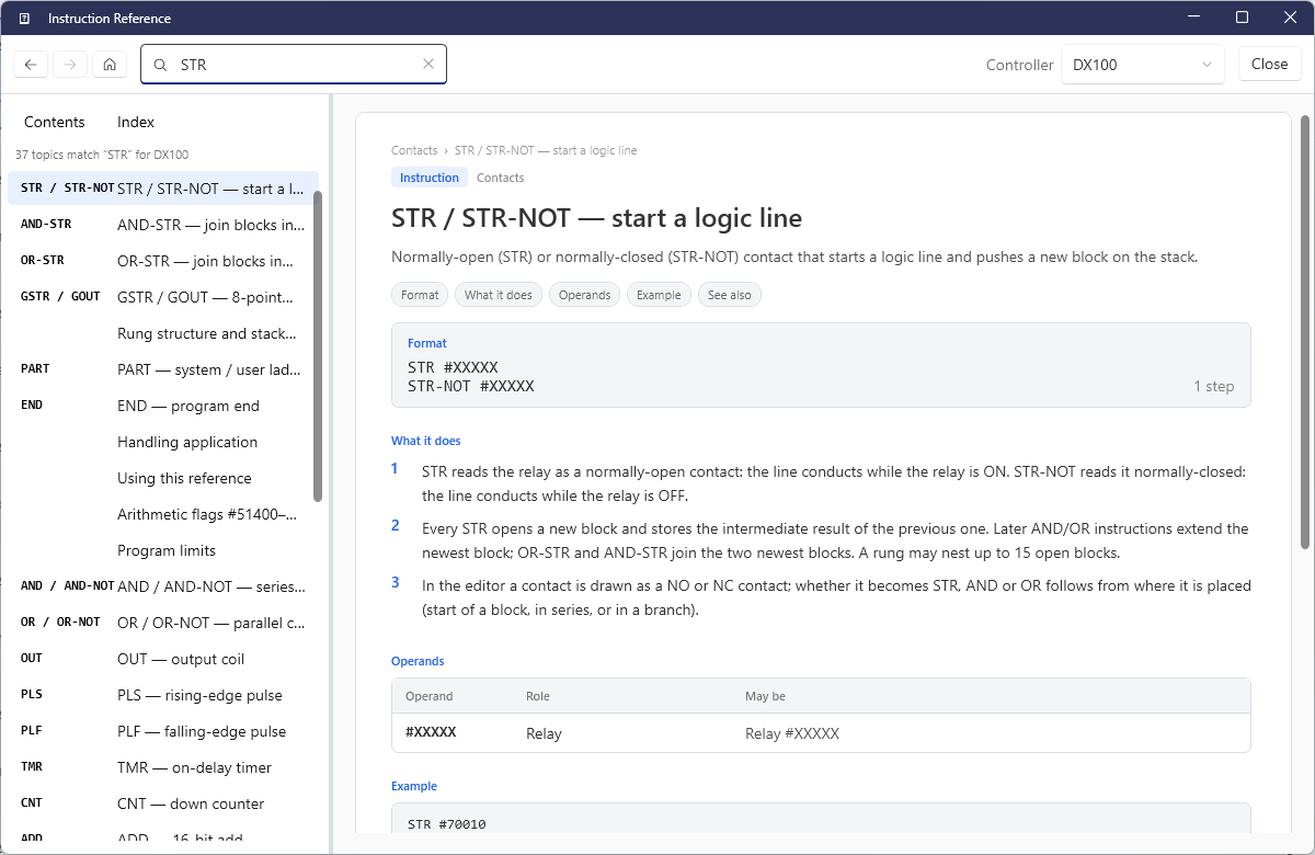 Instruction reference open on STR after searching STR